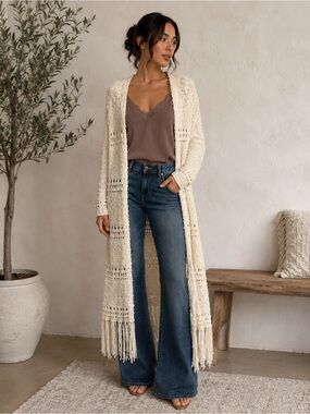 Sun & Shadow Cream Crochet Open-Knit Fringe Duster Cardigan 100% Cotton